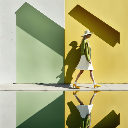 fashionable woman in hat and green coat walking on street near color wallの素材