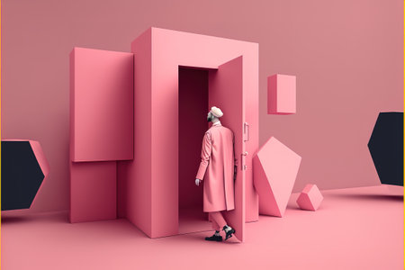 Woman in pink coat standing in pink room with geometric shapes. 3D Renderの素材