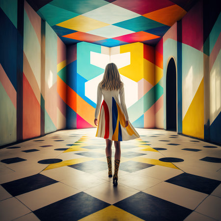 Beautiful young woman in a long dress with a flag of the Republic of Colombia in her hands stands in the interior of the gallery.の素材