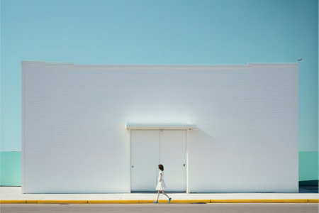 Woman walking in front of a warehouse door. 3D Renderの素材