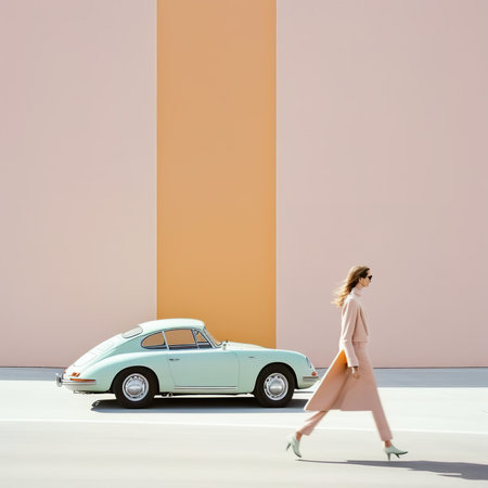 fashionable woman walking with retro car in front of orange and pink wallの素材