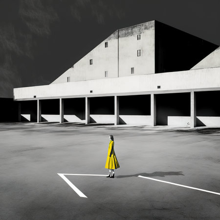 Woman in yellow raincoat walking on the street. 3d renderの素材