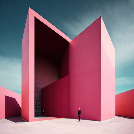 Businessman standing in front of a red wall and looking at the skyの素材