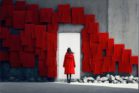 Young woman in red coat looking at wall made of red cubes. Mixed mediaの素材