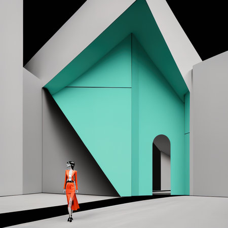 Woman in red dress standing in front of opened door. 3d renderの素材