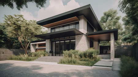Modern house exterior with garden and lawn. Vintage tone filter effect.の素材