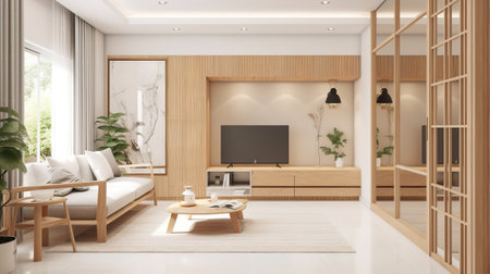 Interior of modern living room with wooden wall. 3d renderの素材