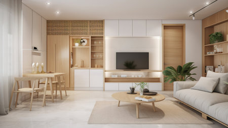 3d rendering modern bright interiors Living room mockup computer digitally generated imageの素材