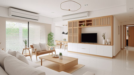 3d Illustration of white modern living room interior design with tvの素材