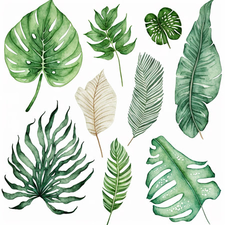 Set of watercolor tropical leaves on white background. Hand drawn illustrationの素材