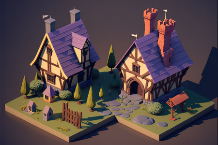 Medieval village isometric composition with wooden house and towers vector illustrationの素材