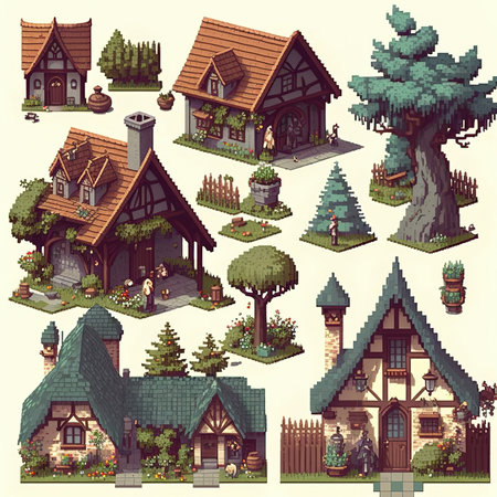 Set of cartoon wooden houses with trees and bushes. Vector illustration.の素材