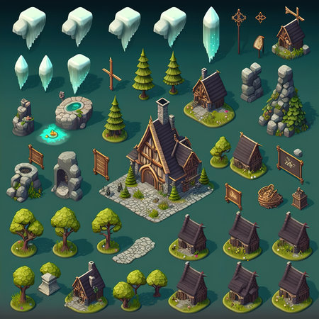 Isometric medieval buildings and architecture elements. Set of isometric elements.の素材