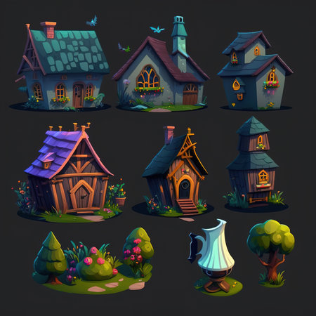 Cartoon fairy tale wooden houses set isolated on dark background. Vector illustration.の素材