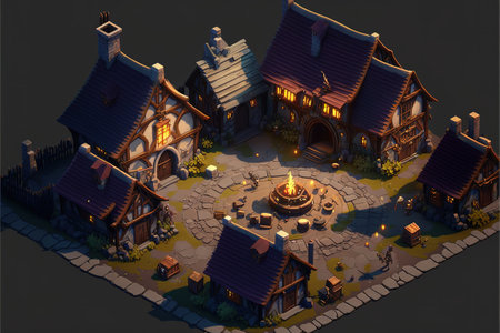 3d render of a fantasy village on the ground in the nightの素材