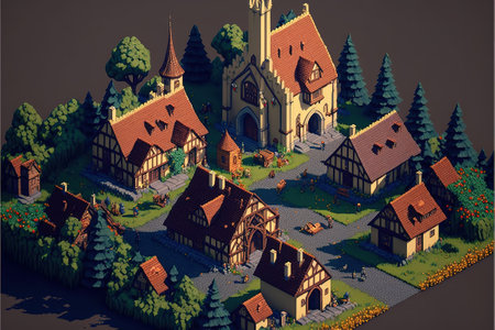 Medieval village with houses and trees. 3d render illustration.の素材