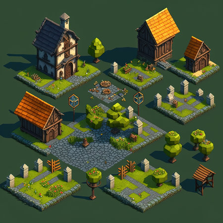 Set of isometric medieval buildings and elements on a green background.の素材