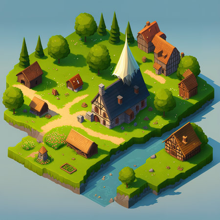 Village isometric concept with wooden houses and forest on blue background vector illustrationの素材