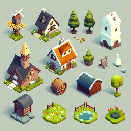 Isometric set of houses, trees, windmill and other elementsの素材