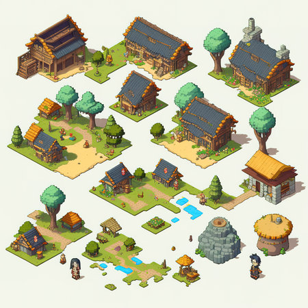 Set of isometric buildings with elements of nature. Vector illustration.の素材