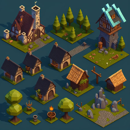 Isometric medieval village with wooden houses and fairytale fairytale castles.の素材