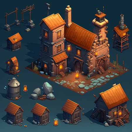 Set of isometric medieval buildings. Vector illustration of a cartoon style.の素材