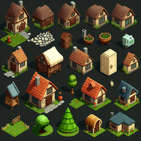 Isometric house and farm icons set. Isometric vector illustration.の素材