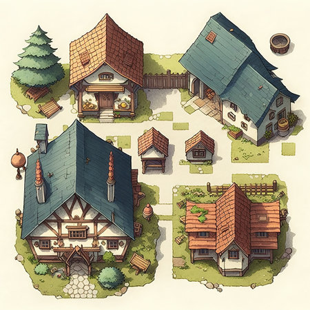Set of houses in the style of a fairy tale. Colorful vector illustration.の素材