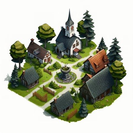 Village isometric concept isolated on white background. 3d renderの素材