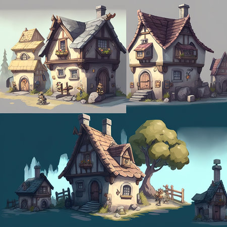cartoon scene with different medieval houses - illustration for children (my own design)の素材