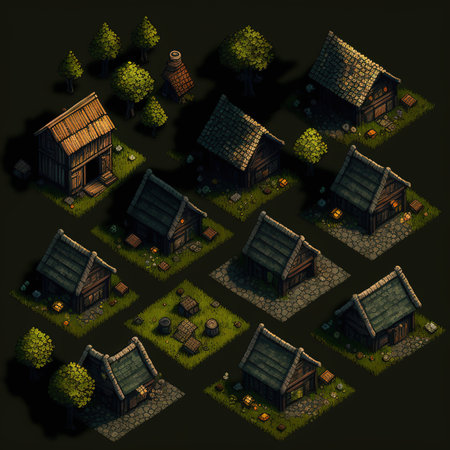 Wooden houses in the forest. Top view. 3d renderの素材