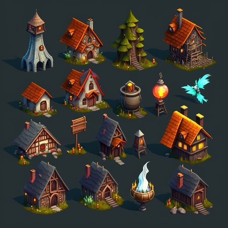 Set of cartoon wooden houses. Vector illustration isolated on dark background.の素材