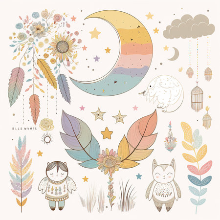 Hand drawn vector illustration of dreamcatcher, owl, moon, flowers, feathers, stars, moon, clouds. Design elements for spiritual relaxation for adults.の素材