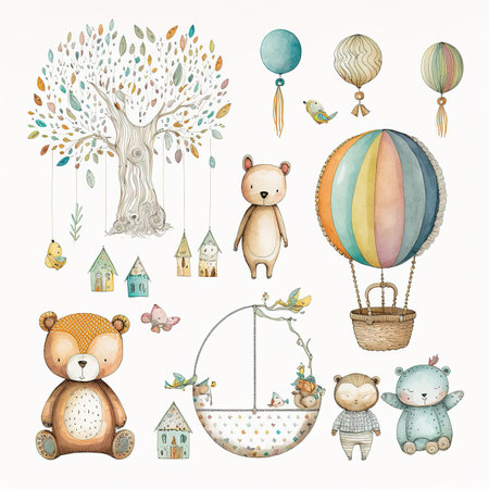 Hand drawn watercolor illustration of cute teddy bears, balloons, houses and tree.の素材