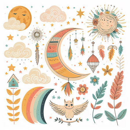 Vector set of hand drawn elements in boho style. Moon, owl, dreamcatcher, stars, feathers, clouds.の素材