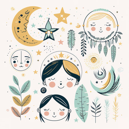 Set of cute hand drawn vector illustrations with dreamcatcher, moon, stars, crescent, feathers and girl in vintage style.の素材
