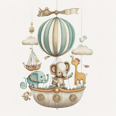 Watercolor illustration of a baby carriage with elephant, elephant, lion, ship, sailboat, sailing ship and seagulls.の素材