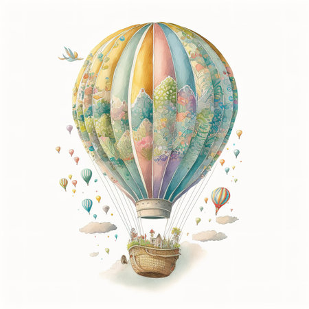 Watercolor illustration of a hot air balloon with a basket full of childrens drawingsの素材