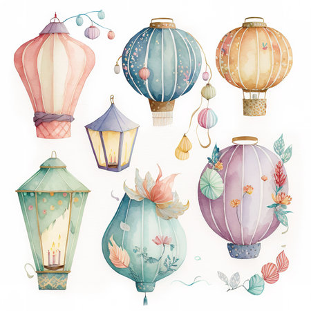 Watercolor set of vintage lanterns and lanterns. Hand drawn illustrationの素材