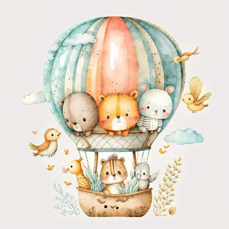 Watercolor illustration of cute animals in a hot air balloon. Cute cartoon animals.の素材