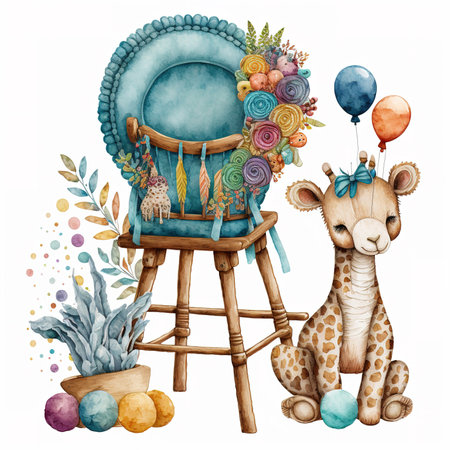 Cute giraffe with vintage chair. Watercolor hand drawn illustrationの素材