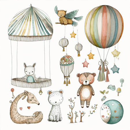 Set of cute hand drawn elements for children's design. Cute animals, balloons, stars, moon, fox, bear, penguin, owl.の素材