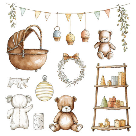 Watercolor set of cute hand drawn elements for holiday design. Basket, wicker basket, christmas tree branches, toys.の素材