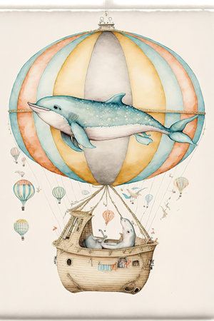Watercolor illustration of a whale and dolphin in a hot air balloonの素材