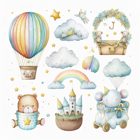 Watercolor set with cute animals, clouds, rainbow, balloons and toys.の素材