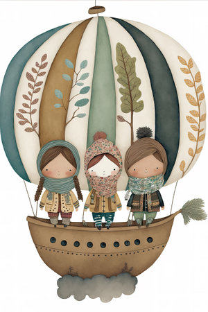 Three children in a hot air balloon. Cute cartoon illustration.の素材