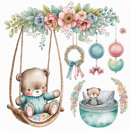 Watercolor set of cute teddy bear in a swing with flowers.の素材
