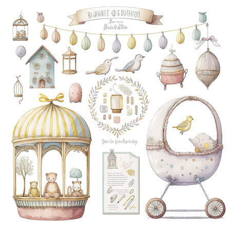 Set of hand drawn cute baby carriage, birdhouse, birdcage, birdhouse, birdhouse, birdhouse, bird house, vector illustrationの素材