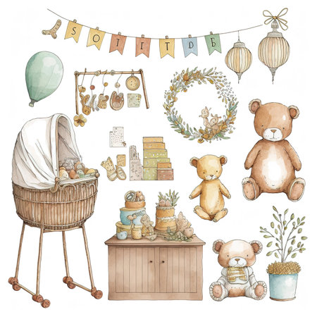 Set of cute hand drawn elements for baby shower. Vector illustration.の素材