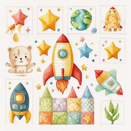 Cute kids game set with rocket, stars, bear, planet, rocket and other elements.の素材